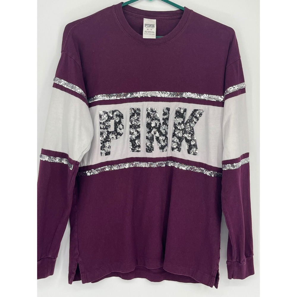 PINK Victoria's Secret Sequin Logo Long Sleeve Tee Women XS MAROON Leopard Print